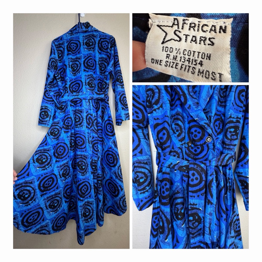 African Stars One Size M-XL 100% Cotton Blue Black Hi Low Wrap Maxi Dress